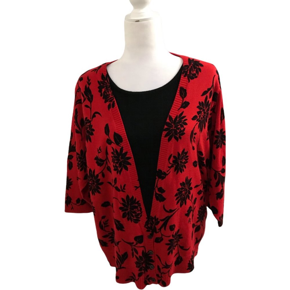 Cathy Daniels Red Black Floral Print Button Down 3/4 Sleeve Cardigan Sweater 2X